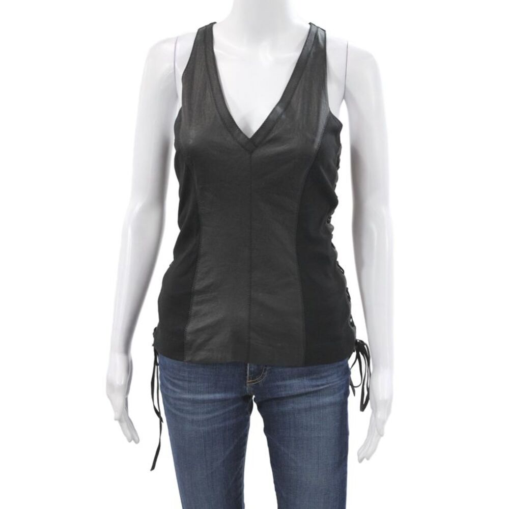 Illia Women Black Leather Camisole V-Neck Sleeveless Lace-Up Biker Size 8